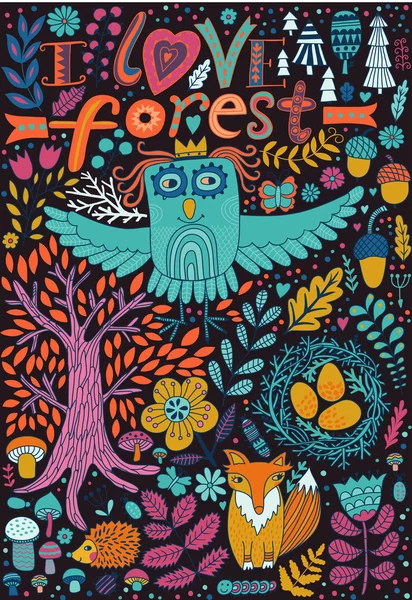 Εικονογράφηση δάσος με doodling ζώα — Διανυσματικό Αρχείο