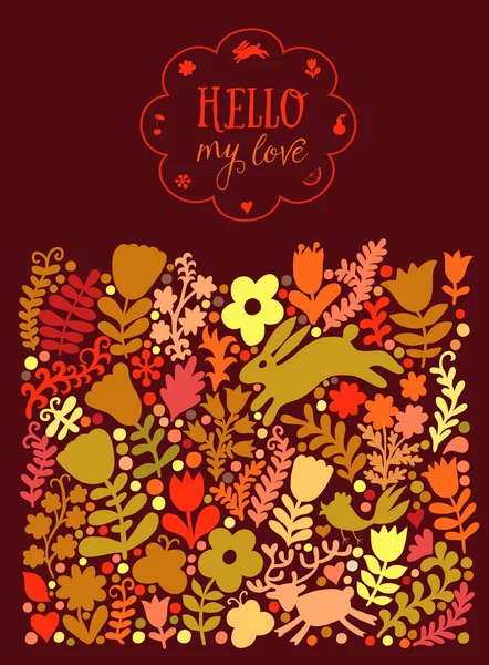 Autumn greeting card with animals and flowers — Stock Vector