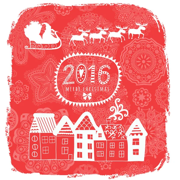 Grußkarte mit Häusern und Weihnachtsmann — Stockvektor