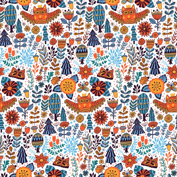 Motif floral sans couture avec des hiboux — Image vectorielle