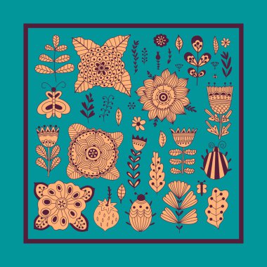 çiçekler ve yapraklar öğeleri doodle