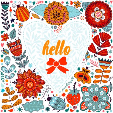 Valentine s day template greeting card. Flowers in heart shape.