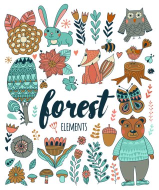 Doodle çocukça Stil vektör orman öğeleri