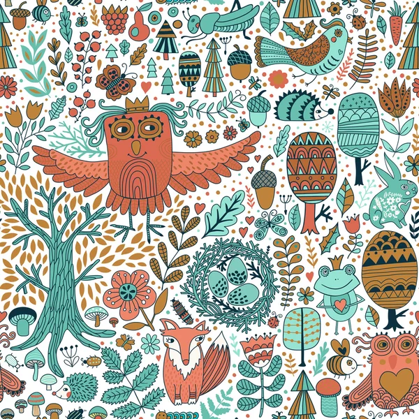 Forêt et motif floral sans couture avec des animaux — Image vectorielle