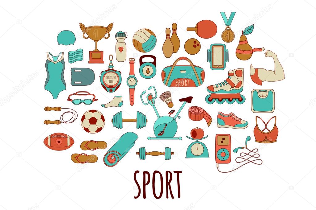 Hand drawn vector fitness and sport doodle icons set