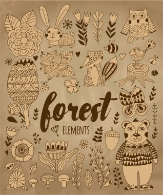 Doodle çocukça Stil vektör orman öğeleri