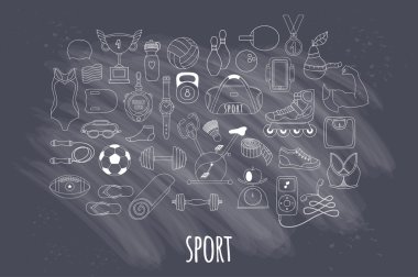 Elle çizilmiş vektör fitness ve spor Icons set doodle