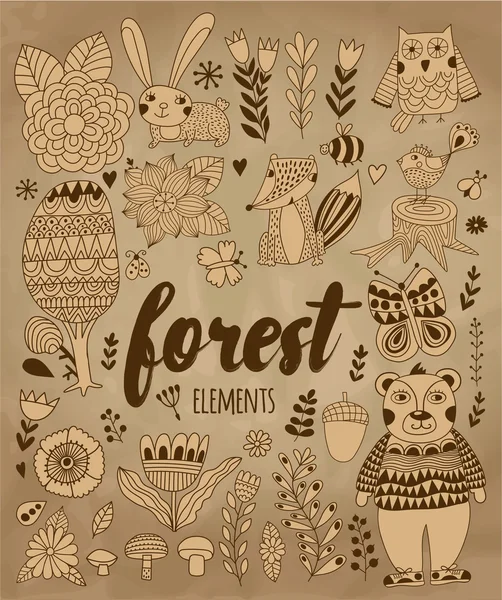 Vector forest elements in doodle childish style — Stock Vector