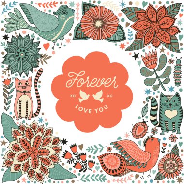 Çiçekler ve otlar oluşan çelenk illüstrasyon