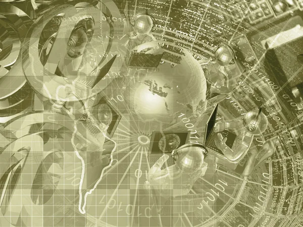 Computer background with electronic device, map, mans and globe — Stock Photo, Image