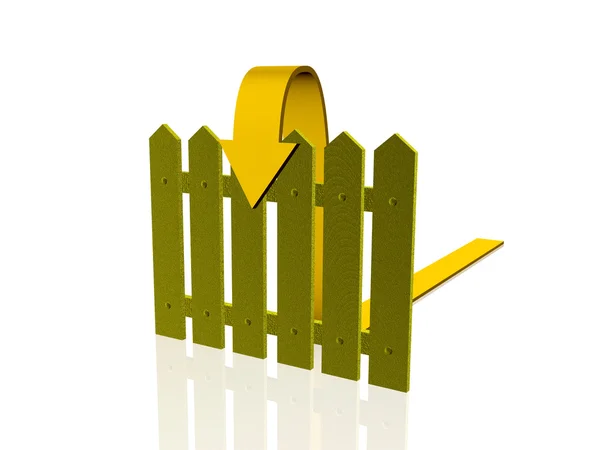 Gele pijl en groene hek op witte reflecterende achtergrond — Stockfoto