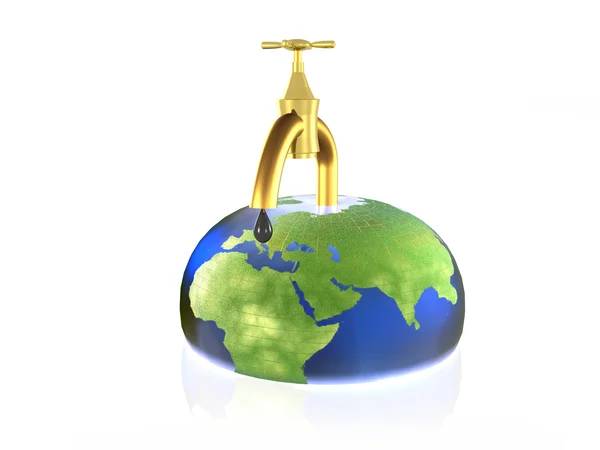 Globus mit Wasserhahn auf weißem reflektierendem Hintergrund — Stockfoto