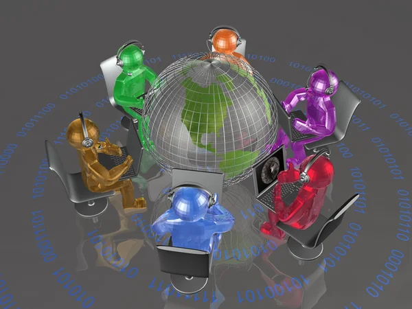 Communication - globe, color mans and notebooks on digit background — Stock Photo, Image