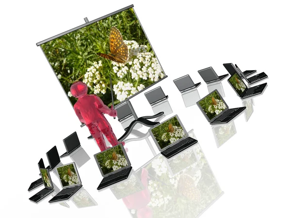 Mannen med presentation stativ om natur, vit bakgrund — Stockfoto