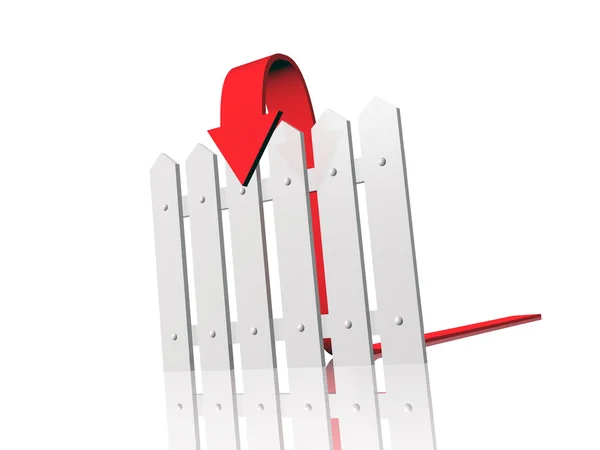 Freccia rossa e recinzione su sfondo bianco riflettente — Foto Stock