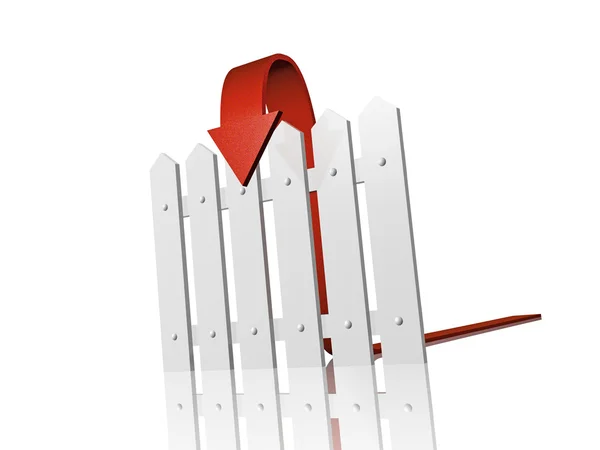 Piros nyíl és a kerítés, fényvisszaverő fehér alapon — Stock Fotó