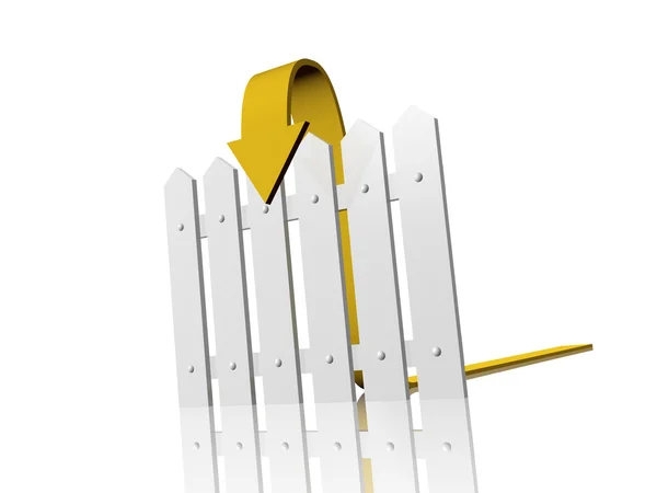 Freccia gialla e recinzione su sfondo bianco riflettente — Foto Stock