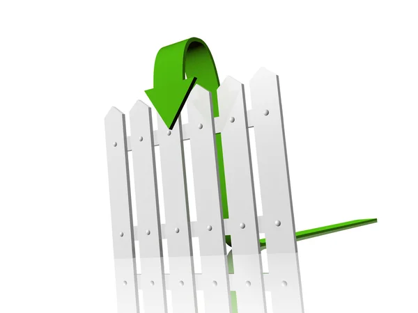 Groene pijl en witte hek op witte reflecterende achtergrond — Stockfoto
