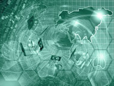 Bilgisayar arka plan ile dünya, adamın, dizüstü bilgisayarlar ve basamak