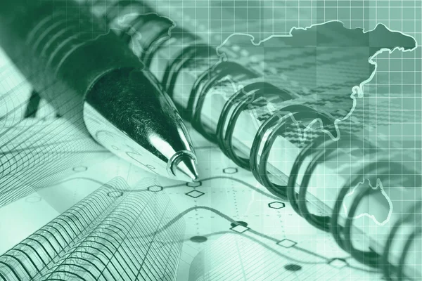 建物、地図、グラフ、ペンと金融の背景 — ストック写真