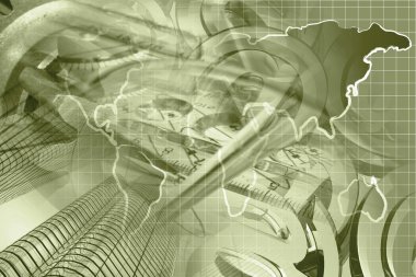 Harita, binalar ve posta işaretleri ile finansal arka plan