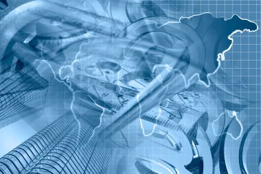 Harita, binalar ve posta işaretleri ile finansal arka plan