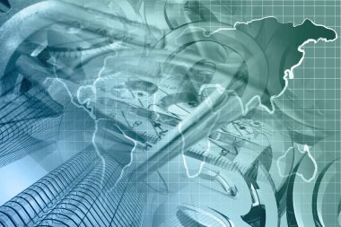 Harita, binalar ve posta işaretleri ile finansal arka plan