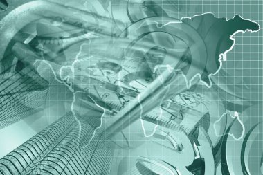 Harita, binalar ve posta işaretleri ile finansal arka plan