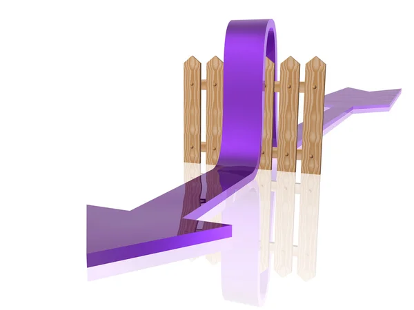 Freccia viola e recinzione su sfondo bianco riflettente — Foto Stock