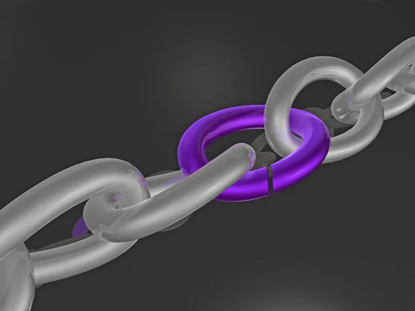 Grey chain with violet link, black background — Stock Photo, Image