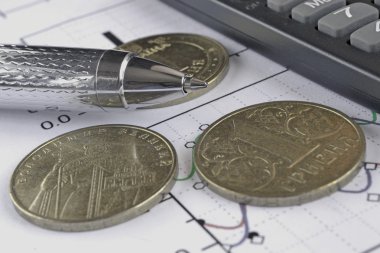 Para, hesap makinesi, grafik ve kalem ile mali geçmiş