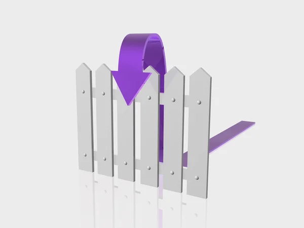 Freccia viola e recinzione bianca su sfondo bianco riflettente — Foto Stock
