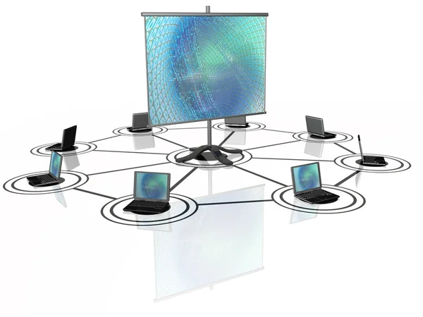 Bärbara datorer och presentation skärmen på vita — Stockfoto
