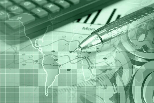 Finansiell bakgrund med karta, mail tecken, graf och penna — Stockfoto