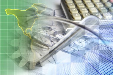 Harita, hesap makinesi, grafik, dişli ve Binalar ile finansal arka plan