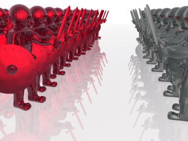 Kırmızı ve gri askerlerle beyaz yansıtıcı arka planda, 3d çizim