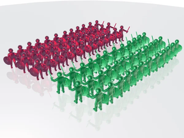 Soldados rojos y verdes con fondo blanco reflectante —  Fotos de Stock