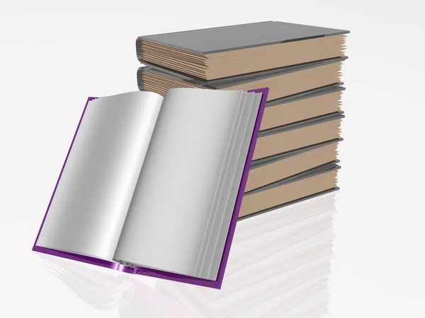Libros violetas y grises, fondo blanco reflectante — Foto de Stock
