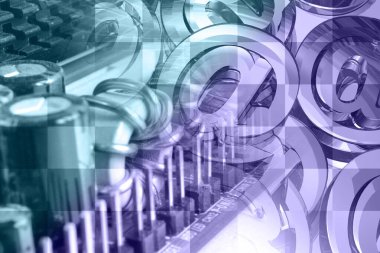 Elektronik aygıt ve posta işaretleriyle soyut bilgisayar arkaplanı.