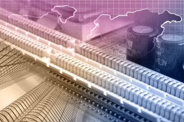 Binaları, elektronik aygıtı ve haritası olan soyut bilgisayar arkaplanı.