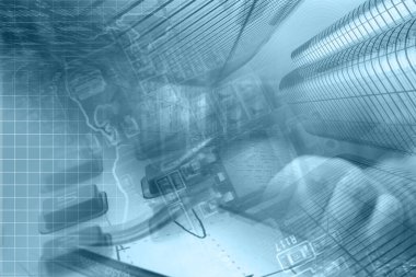 Binaları, elektronik aygıtı ve haritası olan soyut bilgisayar arkaplanı.