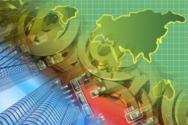 Binaları, elektronik aygıtı ve haritası olan soyut bilgisayar arkaplanı.