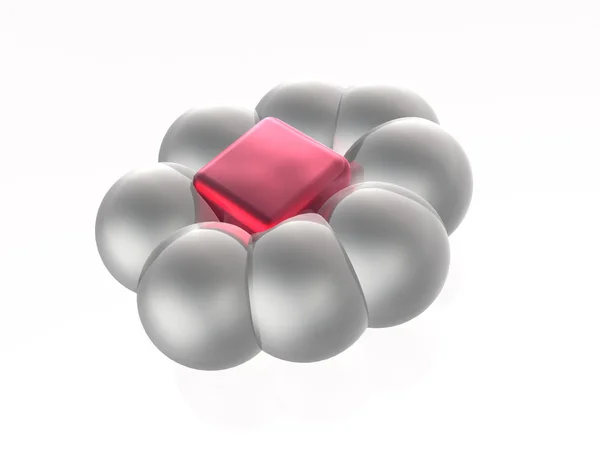 Красный куб с серыми шарами — стоковое фото