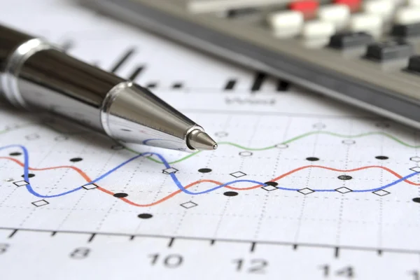 Бизнес фон с графиком, ручкой и калькулятором — стоковое фото