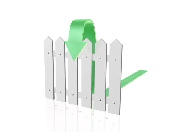 Zöld nyíl és a kerítés, fényvisszaverő fehér alapon — Stock Fotó