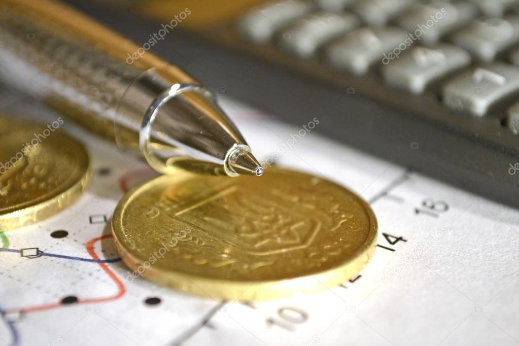 Financial background with money, calculator, graph and pen