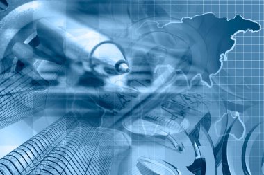 Binalar, harita, grafik ve kalem ile finansal arka plan