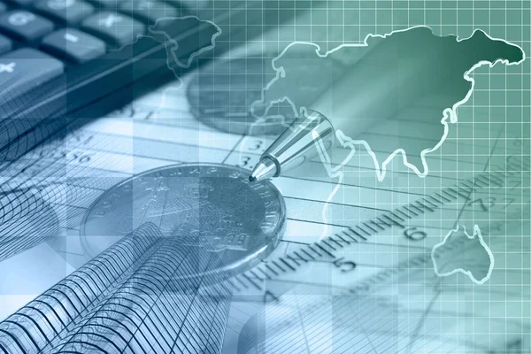 Financial background with money, calculator, table and pen