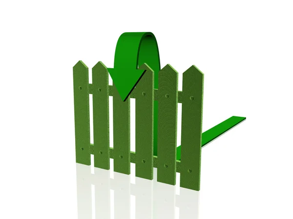 Zelená šipka a plot na bílém reflexním podkladu — Stock fotografie