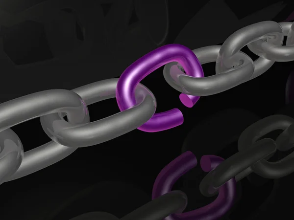 Grey chain with violet link, black background — Stock Photo, Image